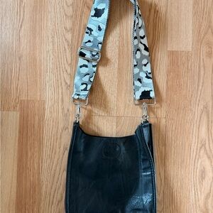 Black Leather Crossbody Bag with Patterned Interchangeable Strap
